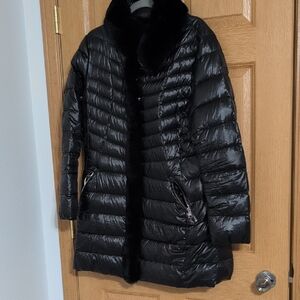 Black Puffer Coat with Fur Trim - Women's Jacket